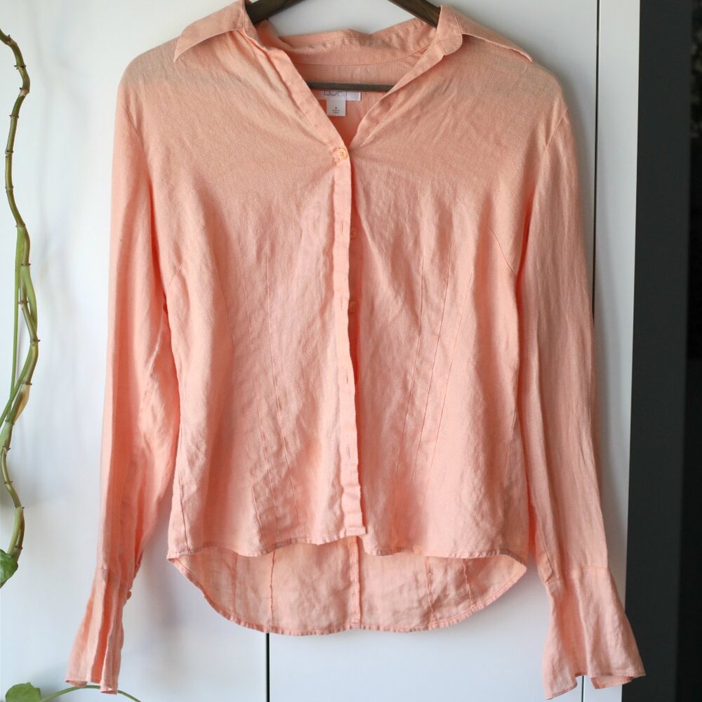 LOFT 100% Linen Button Down Shirt Peach Size Small
